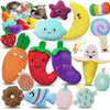 A collection of bone-shaped and fruit-shaped plush toys for dogs, including various colors like orange, red, yellow, green, a