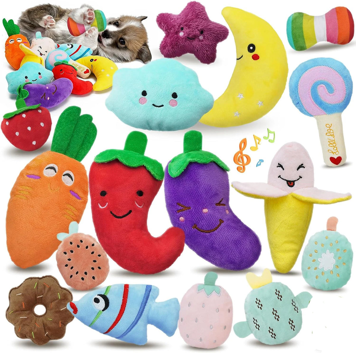 A collection of bone-shaped and fruit-shaped plush toys for dogs, including various colors like orange, red, yellow, green, a