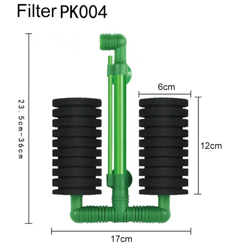 A green aquarium biochemical sponge filter with black cylindrical sponges and a vertical pipe structure.