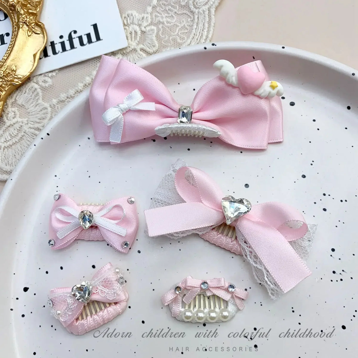Pink Bow Pet Hair Clip with Rhinestone & Pearl Accents