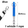 Blue ultrasonic dog whistle with a metal clip and rope for pet training