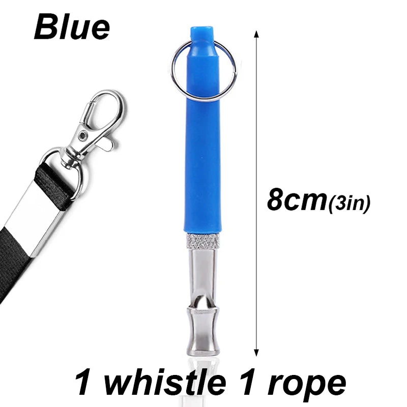 Blue ultrasonic dog whistle with a metal clip and rope for pet training