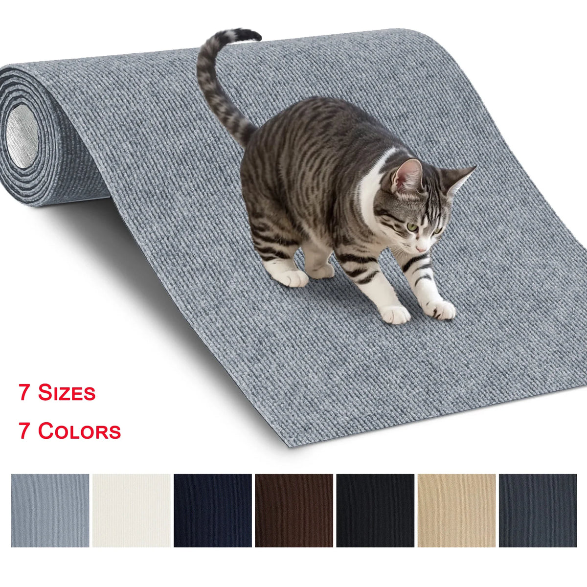 A tabby cat is walking on a gray self-adhesive scratching mat, with color options displayed below.
