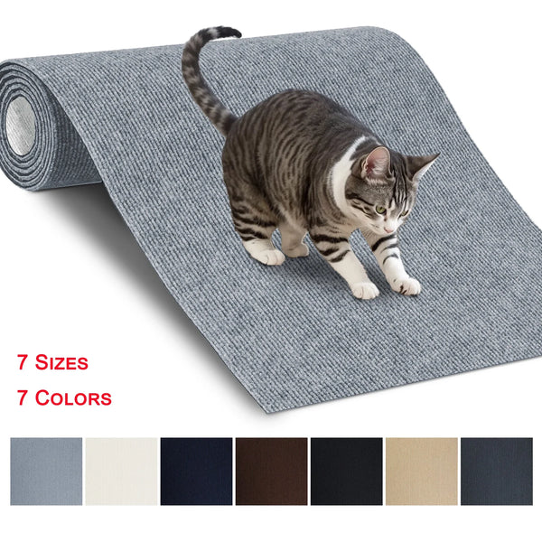 A tabby cat is walking on a gray self-adhesive scratching mat, with color options displayed below.