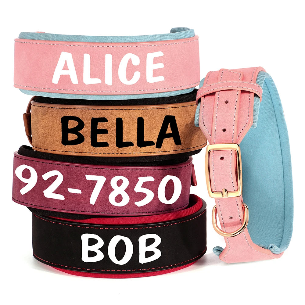 A set of four pink and blue PU leather dog collars with custom names Alice Bella Bob and 92-7850