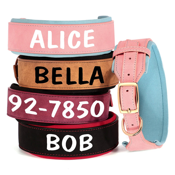 Wide Personalized PU Leather Dog Collar With Custom Name Tag