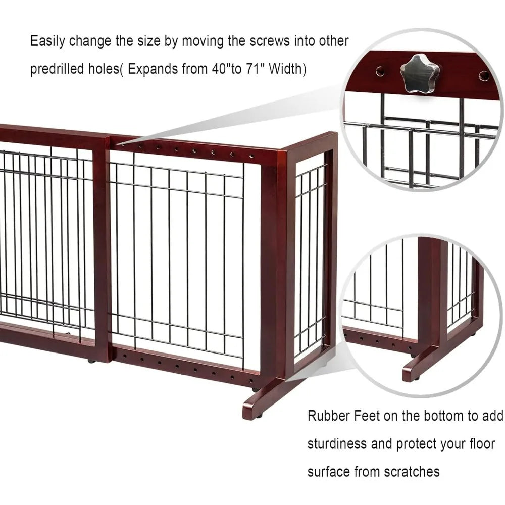 A dark brown wooden pet gate with black bars and a decorative metal piece, showing its construction and features.