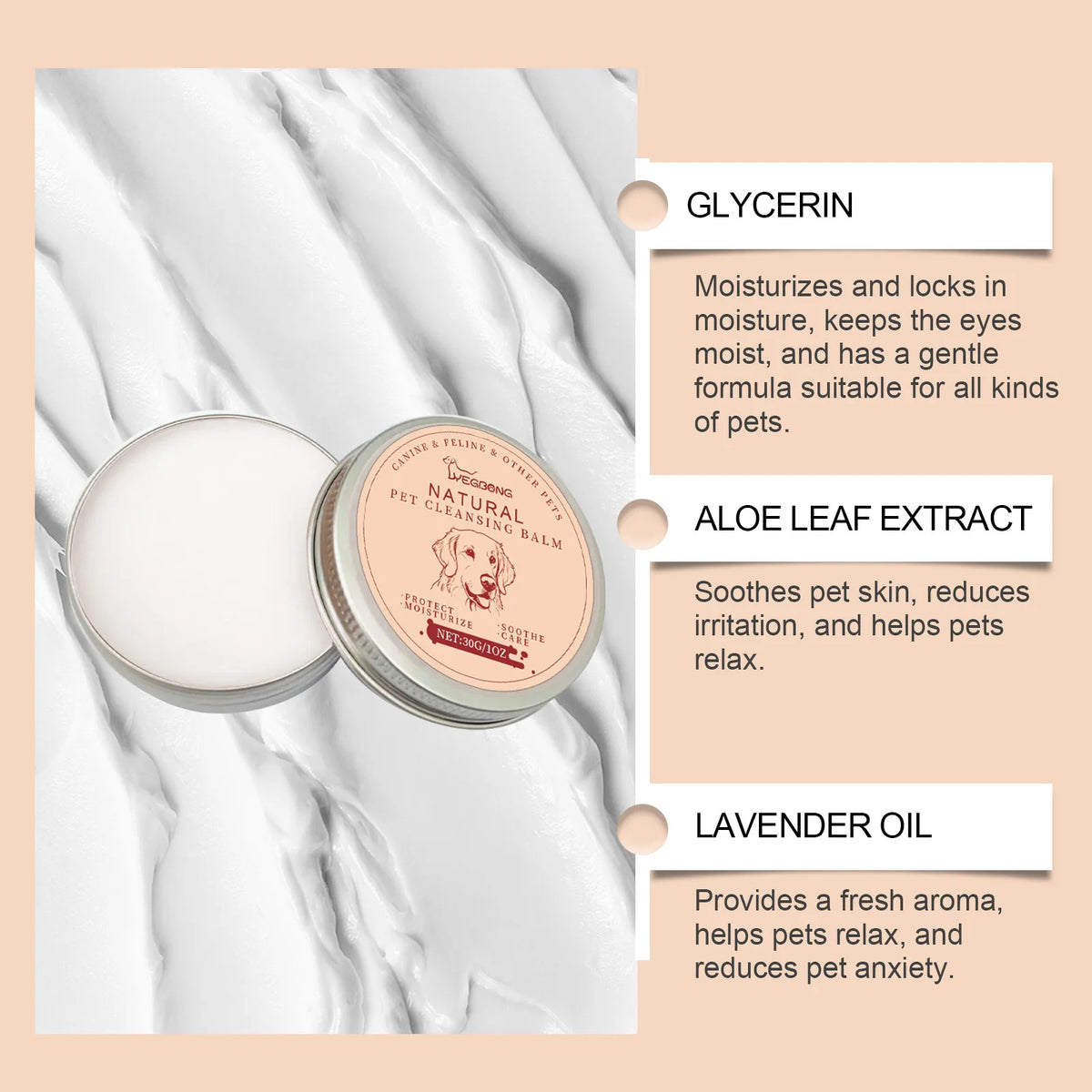 A jar of natural pet cleansing balm with ingredients like glycerin, aloe leaf extract, and lavender oil shown next to marble 