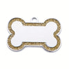 A silver pet ID tag shaped like a bone with gold glitter accents.