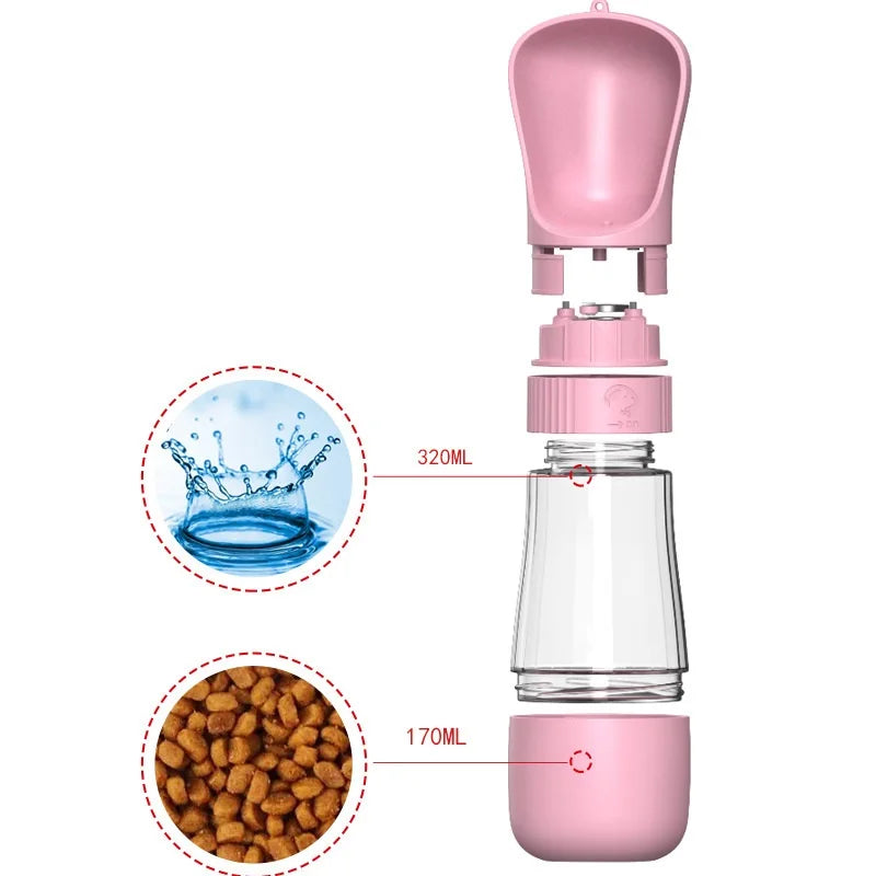 Pinke tragbare Haustier-Wasserflasche mit Schale und Glasflasche zur Hydratation.