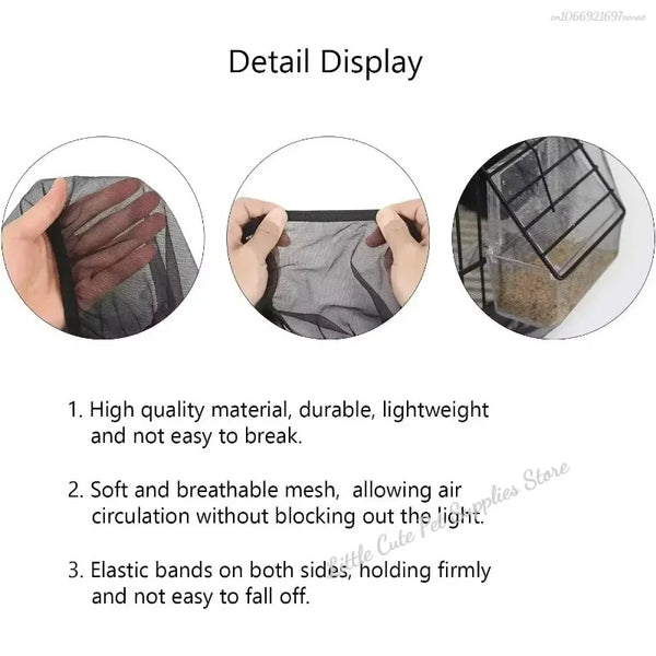 Detail display of a breathable mesh bird cage cover showing its material and construction.