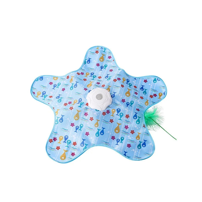 A light blue, star-shaped interactive hide and seek cat toy with a squeaky mouse inside.