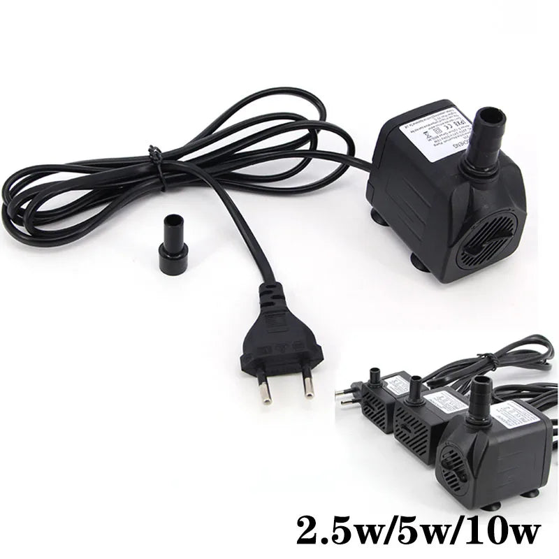 Black submersible aquarium water pump with a cord and multiple output options