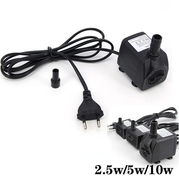 Black submersible aquarium water pump with a cord and multiple output options