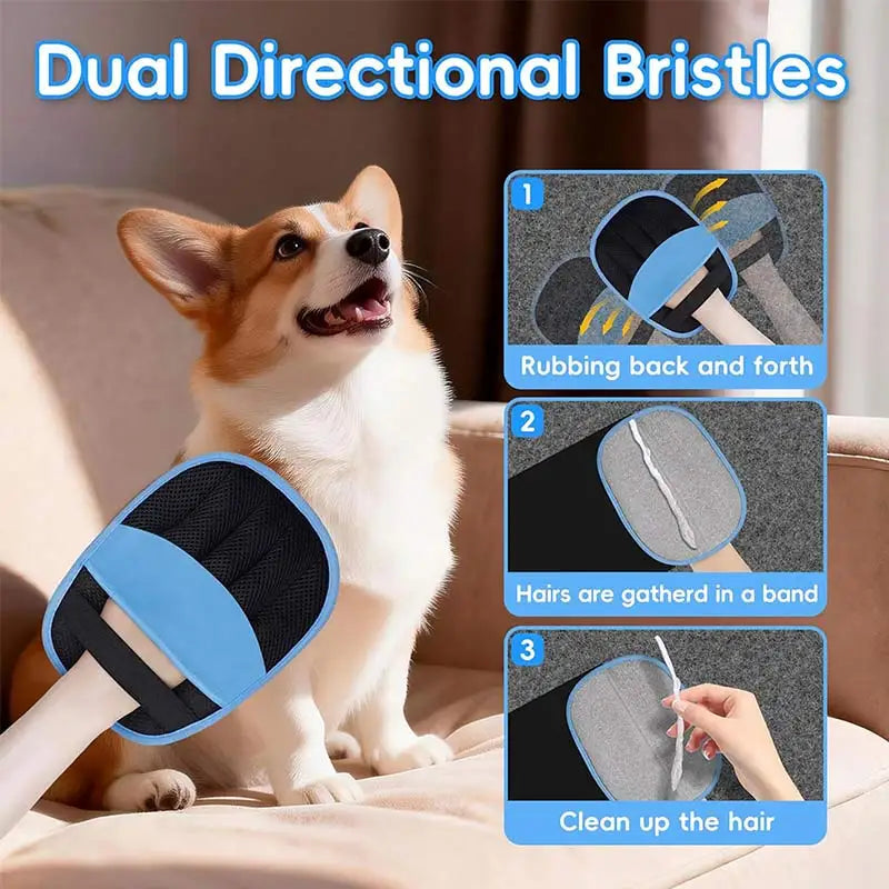 A pair of blue and black dual directional bristles pet hair removal gloves being used on a dog's fur.