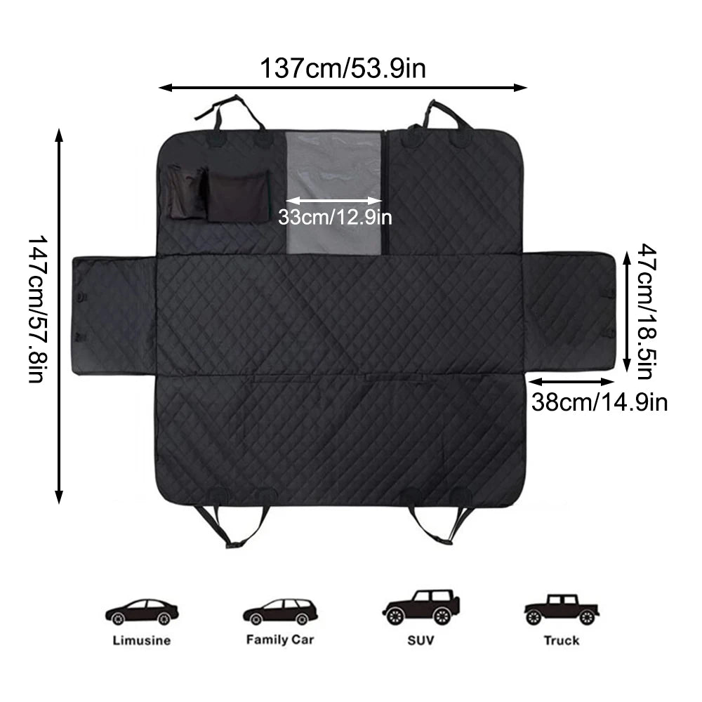 Hammock para asiento trasero impermeable negro con ventana de malla, mostrado en varios tipos de vehículos.