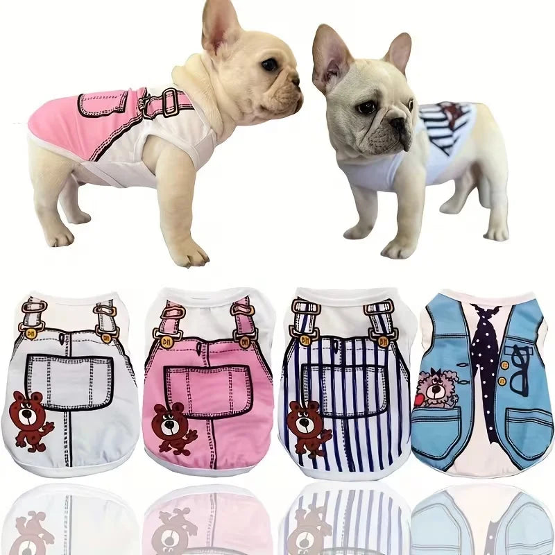 Collection de gilets et chemises pour chiens, de diverses couleurs et motifs, pour l'été