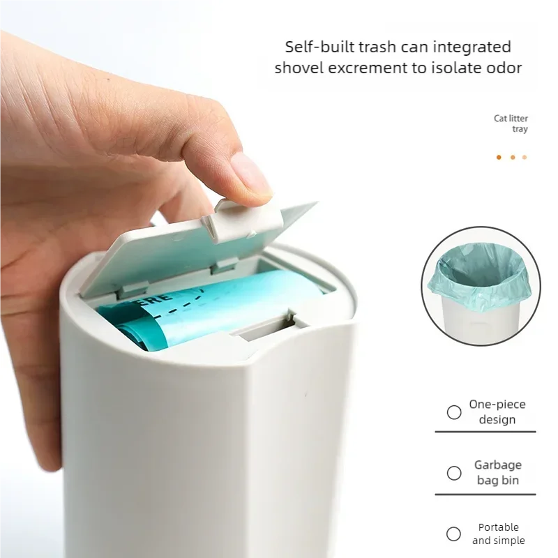 A hand is shown opening a white trash can to integrate a shovel for isolating pet excrement odor.