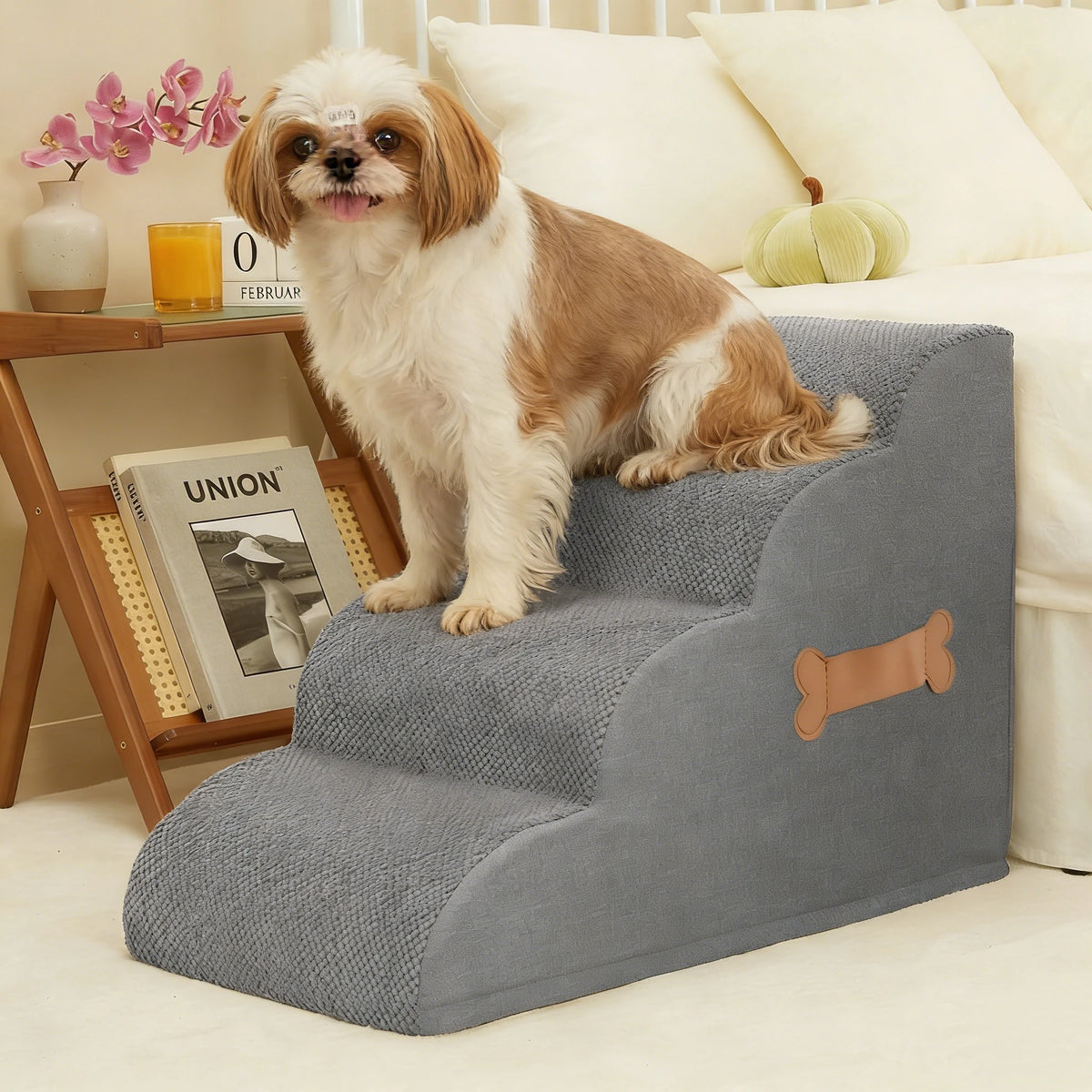 Ein braun-weißes Hund sitzt auf einer grauen Treppengeländer neben einem Holztisch.
