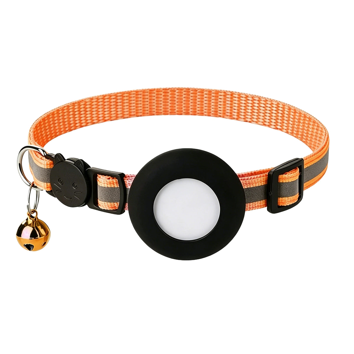 Orange woven collar with a black disc and a gold-colored tag attached.