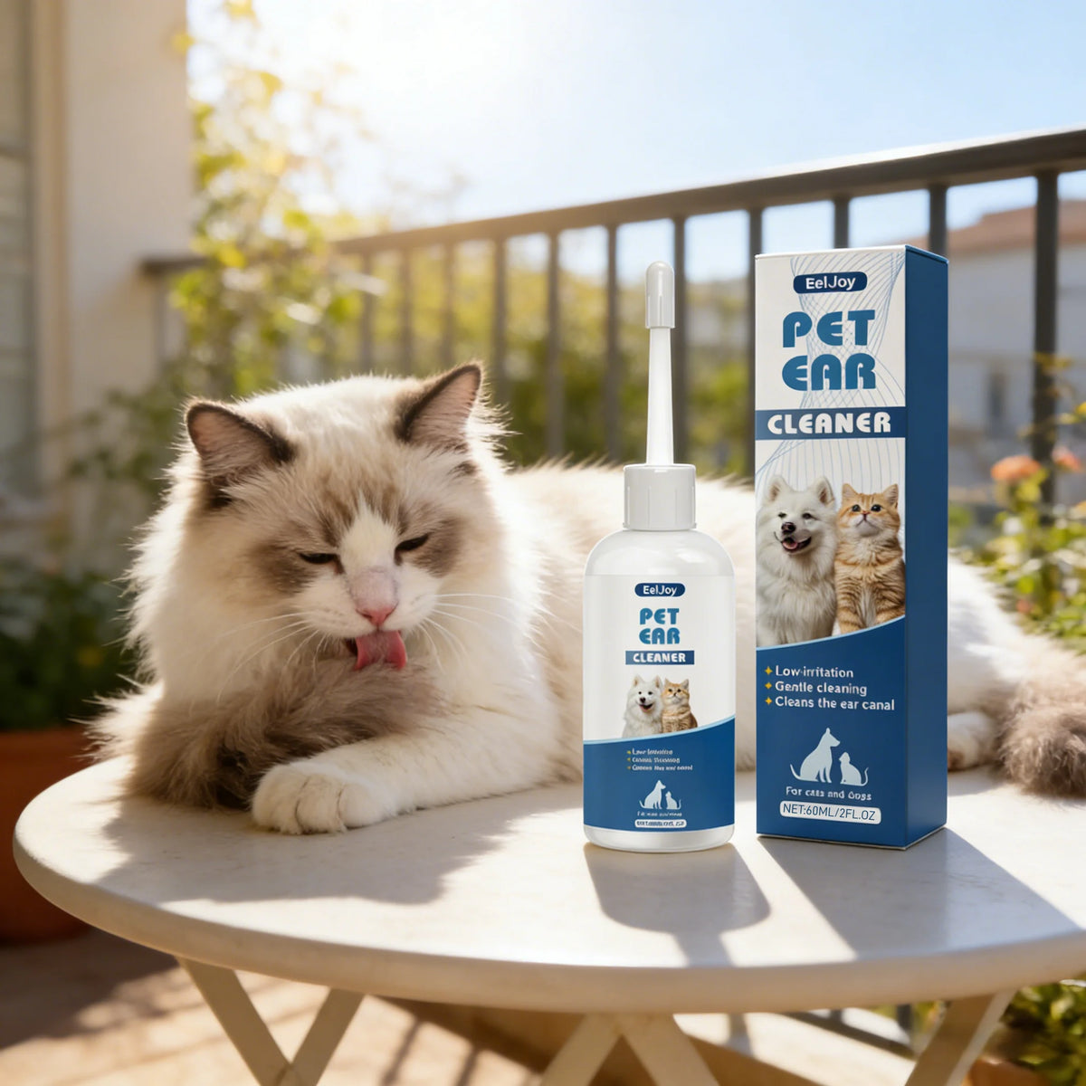 A bottle of EelJoy Pet Ear Cleaner solution sits on a table next to a fluffy white cat.