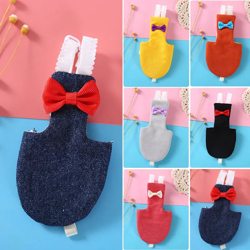 A collection of bird diapers in various colors and designs, including red, yellow, black, and gray.