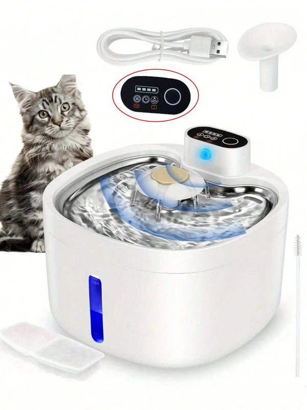 A white cordless automatic pet water fountain with a power switch and a silicone feeding disc is shown next to a cat.
