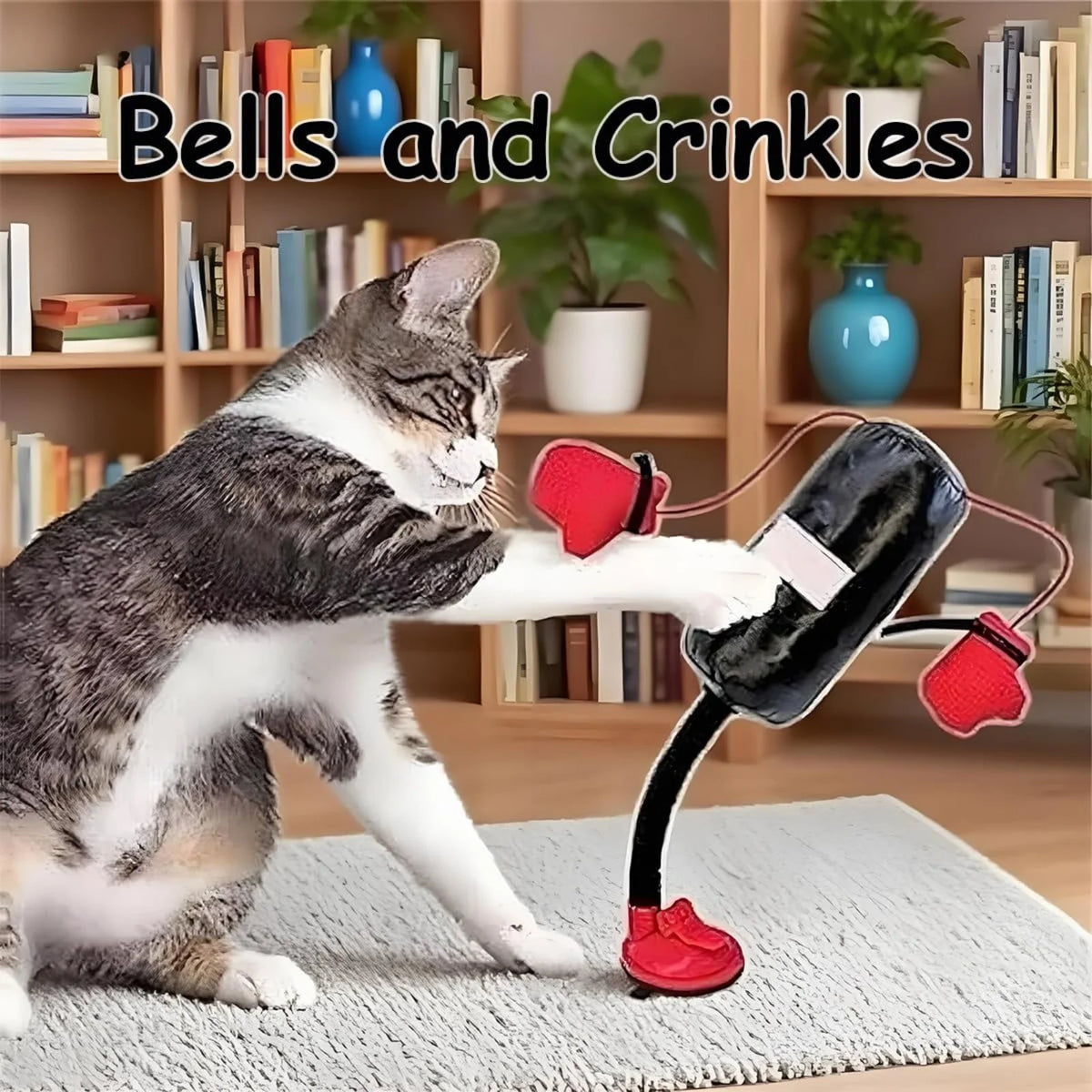 Eine tabbykatztiger interagiert mit einem schwarzen und roten interaktiven Spielzeug zum Boxen und Kratzen.