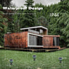 A wooden structure with a waterproof design and an IP44 rating is shown in a grassy outdoor setting.