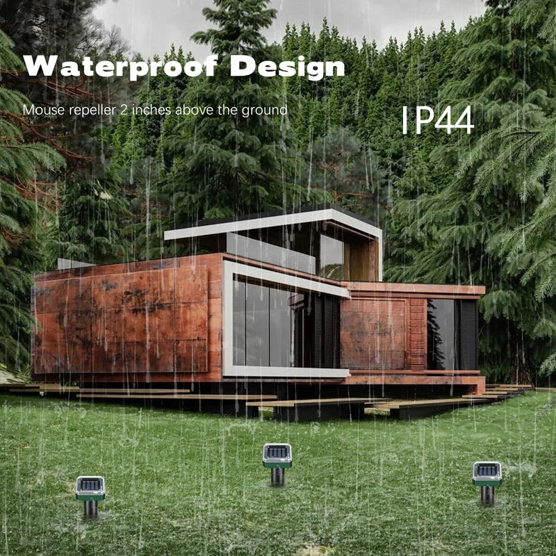 A wooden structure with a waterproof design and an IP44 rating is shown in a grassy outdoor setting.