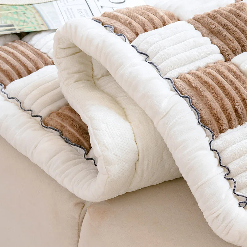 A cozy plush fleece pet bed mat with alternating white and brown textured sections.