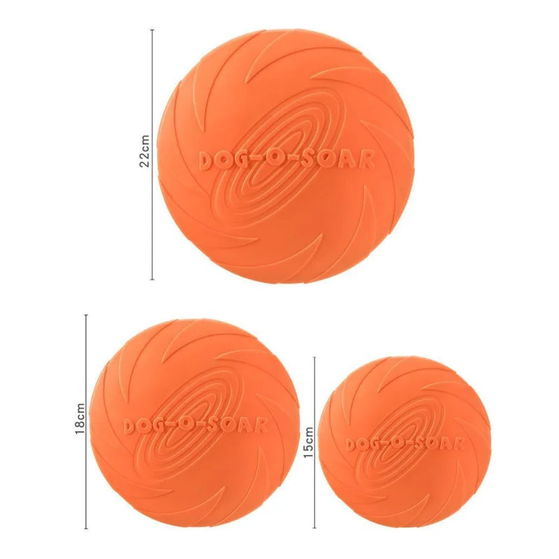 An orange soft silicone flying disc for dogs shown in multiple views.