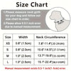 Size chart for an adjustable spring dog collar showing measurements for XS, S, M, and L sizes.