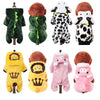 A collection of cartoon animal pet costumes including a green dinosaur jumpsuit, a black and white spotted animal suit, and p