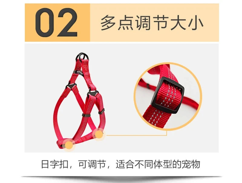 A red breathable reflective dog harness is shown, with a close-up view of the adjustable buckle.