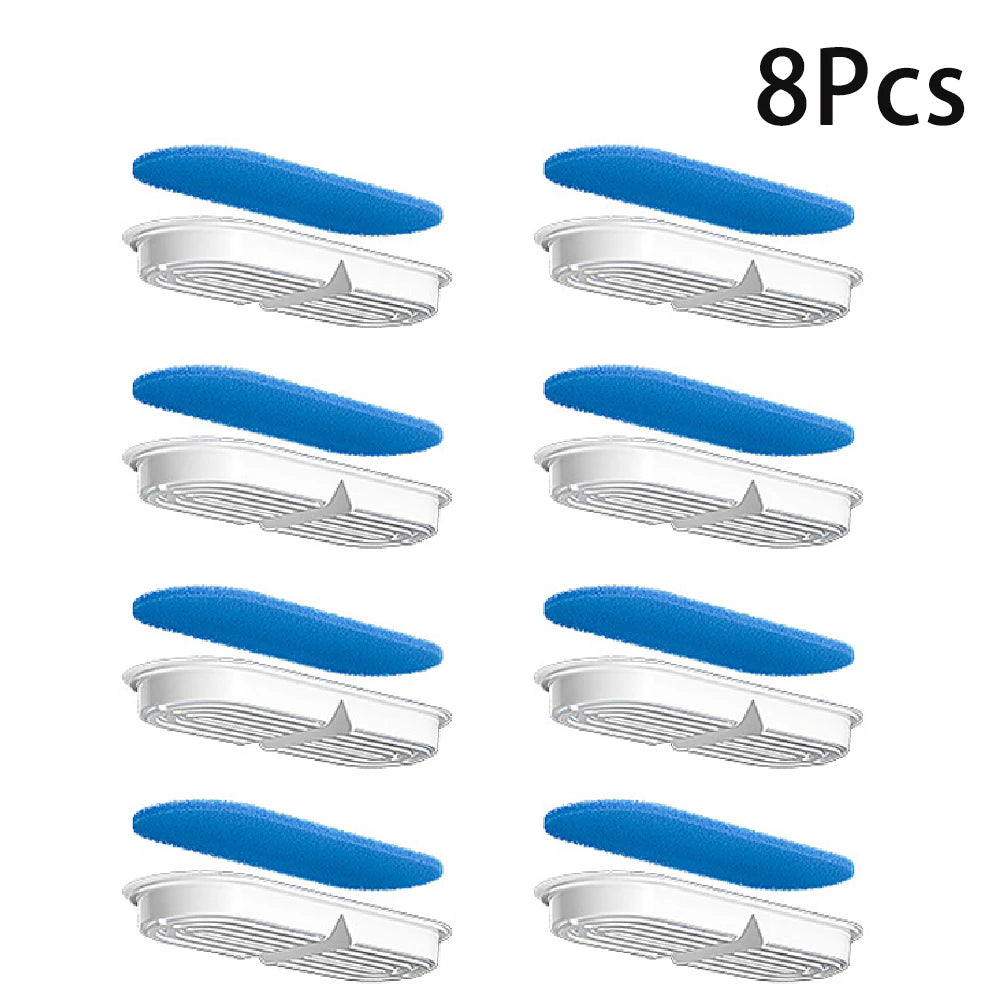 Eight replacement filters for activated charcoal cat water fountains, shown in blue and silver.