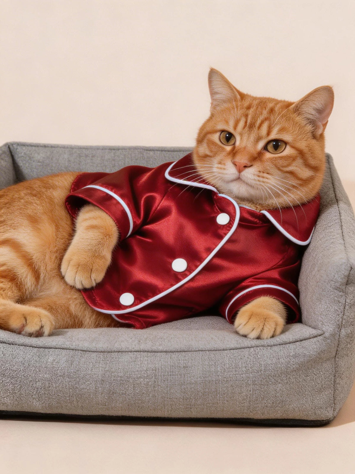 Orangegestromter Kater trägt ein rotes Satin-Pyjama-Oberteil mit weißen Polka-Punkten und einem passenden Kragen.