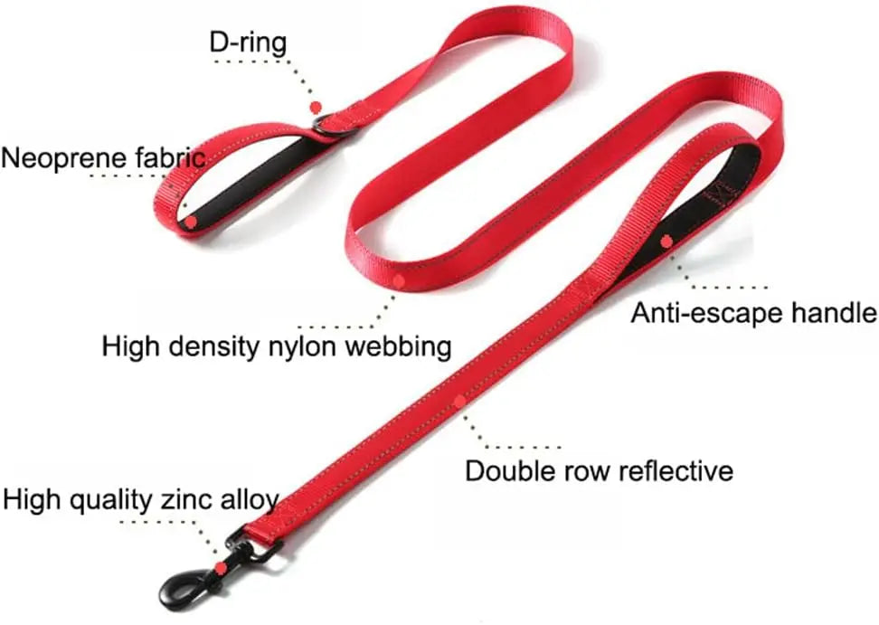 A red heavy duty reflective dog leash showing various features like a D-ring, neoprene fabric, nylon webbing, and zinc alloy.