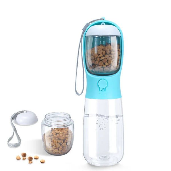 Dispensador portátil de agua y premios para mascotas, de color verde azulado y transparente, con tanque y tarro separado.