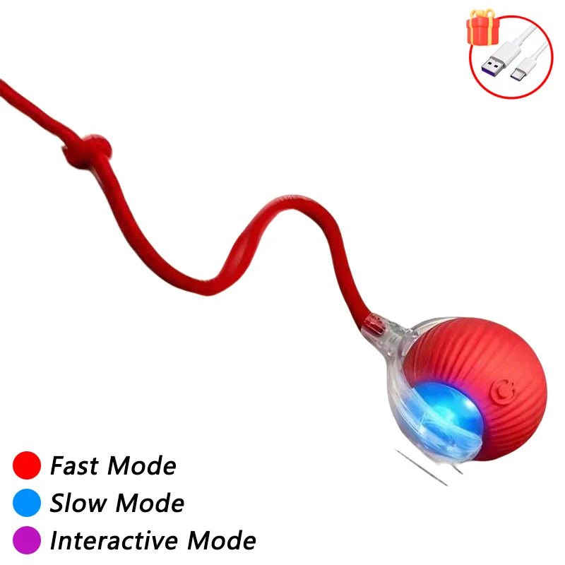 Red self-moving cat toy ball with LED lights and a faux tail