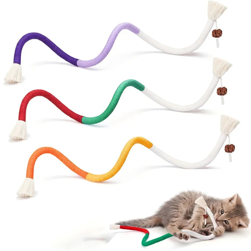 Colorful organic cotton cat chew ropes with refillable catnip pouches shown in various colors and angles.