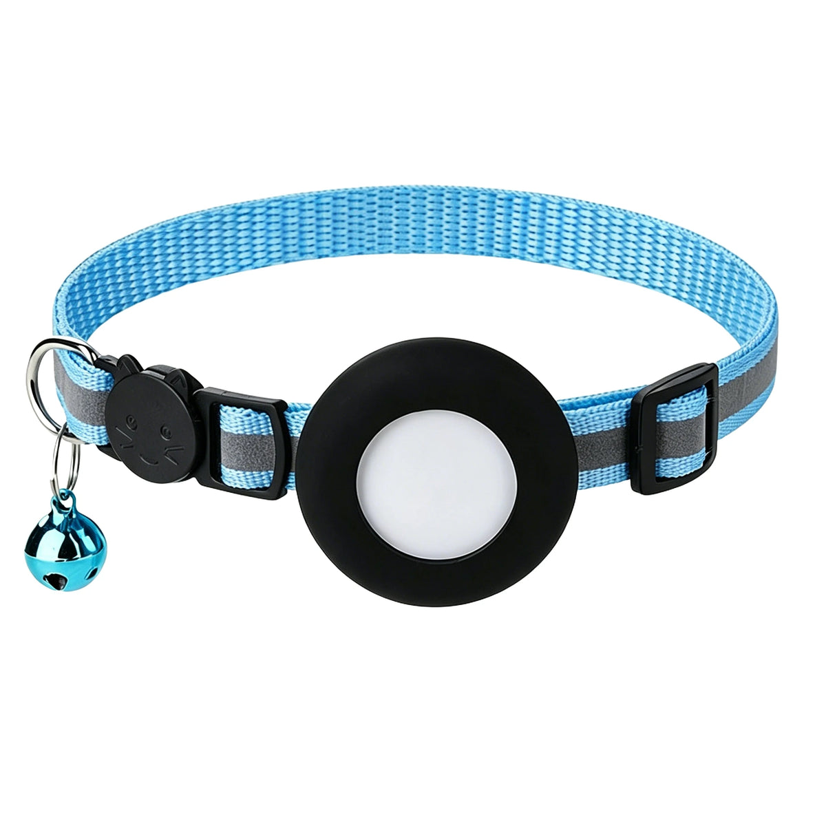 A blue and gray breakaway cat collar with a reflective strip and an AirTag holder attached.