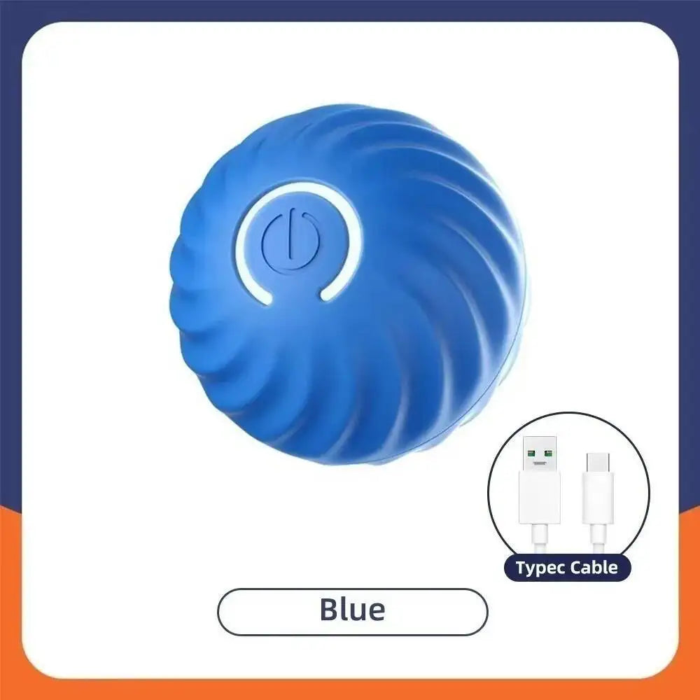 A blue, textured pet ball with a white activation button and a Typec cable shown in a product box.