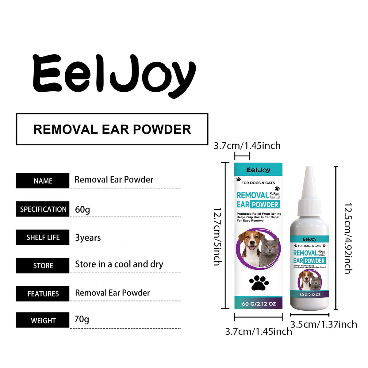 Jar of EelJoy Removal Ear Powder for dogs and cats with product specifications