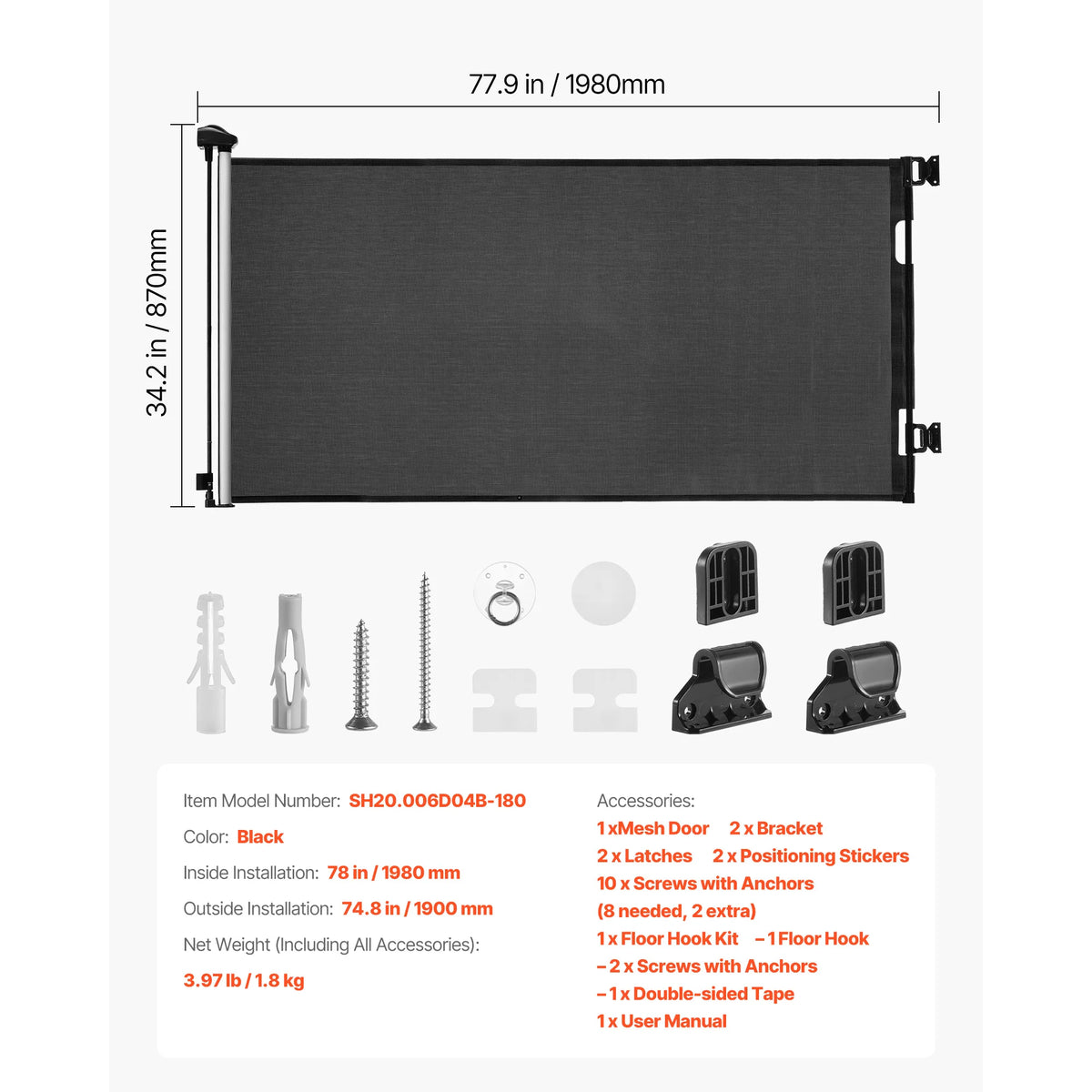 A black retractable mesh safety gate measuring 77.9 inches wide and 34.2 inches high with various installation accessories.