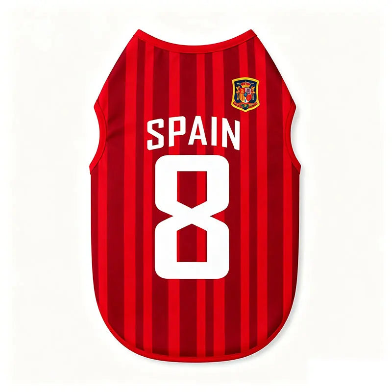 Gilet maillot rayé rouge et blanc pour animaux avec le numéro 8 et un blason espagnol