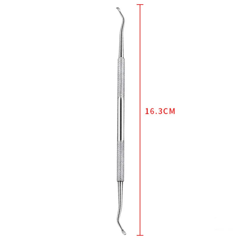 A stainless steel dog tooth cleaner tool with a long, slender design.