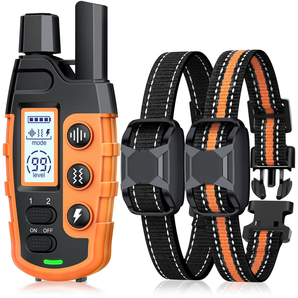 Collar de entrenamiento eléctrico naranja para perro con caja negra y correa ajustable naranja y negra.