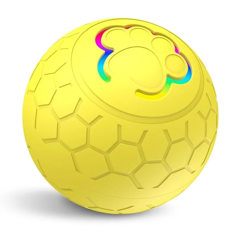 Leuchtend gelbe interaktive elektronische Haustierball mit Pfotenspuren-Design oben.