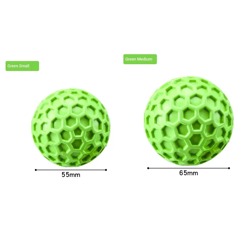 Two green honeycomb squeaky dog toys, one small (55mm) and one medium (65mm), are shown.